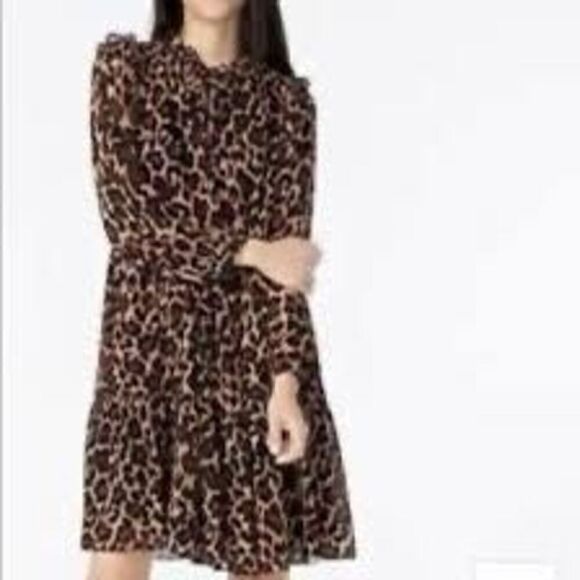 J Crew Women’s Size XS Tie Neck Tiered Dress Brown Leopard Print Long Sleeve - Picture 4 of 14